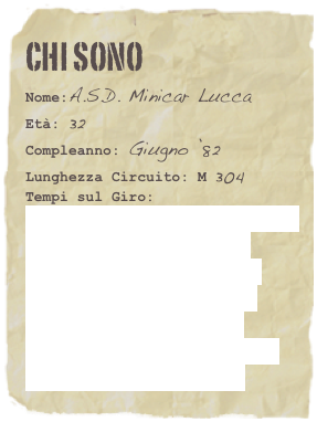 Chi sono
Nome:A.S.D. Minicar LuccaEtà: 32
Compleanno: Giugno ’82 Lunghezza Circuito: M 304Tempi sul Giro: 
1/8 Pista: Puccinelli Stefano   
1/10 Tour : Balestri Dario
1/5 GT : D’Amico Emanuele
1/5 F1: D’Amico Emanuele 
Rally Game: Boero Fabio
Rally Cross: Ceccanti Filippo
Rigida: Franceschini Luca